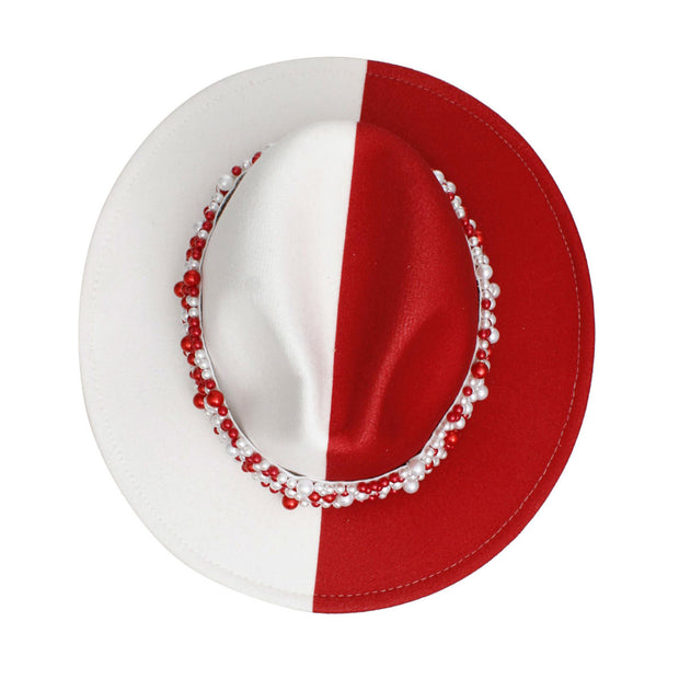 DST Sorority Red White Fedora Pearl Hat for Women