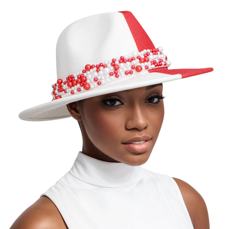 DST Sorority Red White Fedora Pearl Hat for Women