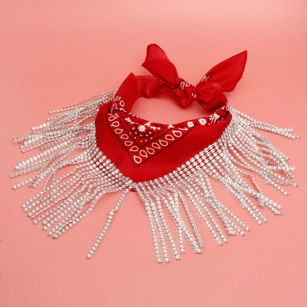 DST Red and White Bandana Bling Fringe Necklace