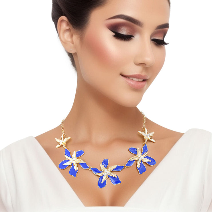 Necklace Blue Gold Tropical Flower for Women