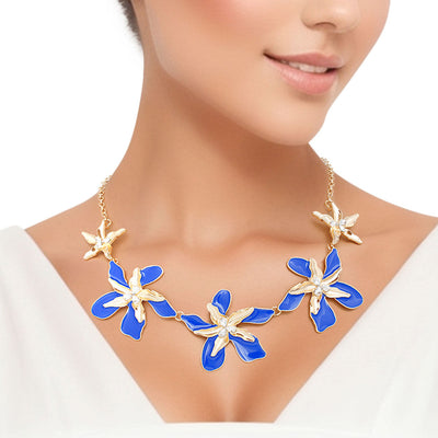 Necklace Blue Gold Tropical Flower for Women