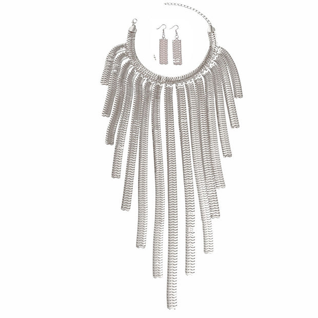 Necklace Silver Chain Long Drop Fringe Bib Women