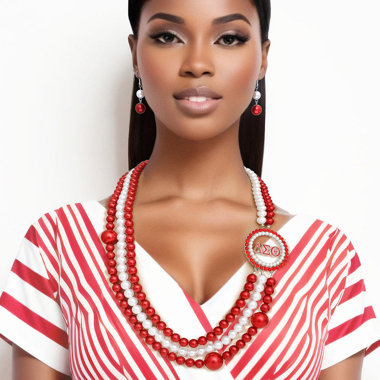 DST Sorority Red White Pearl Long Brooch Necklace