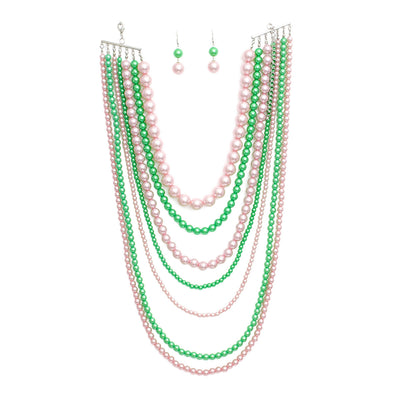 AKA Sorority Pink Green Pearl Long 7 Row Necklace