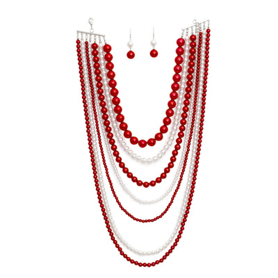 DST Sorority Red White Pearl Long 7 Row Necklace