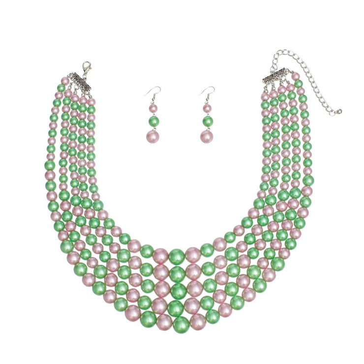 AKA Alternating Pink Green Pearl 5 Strand Necklace