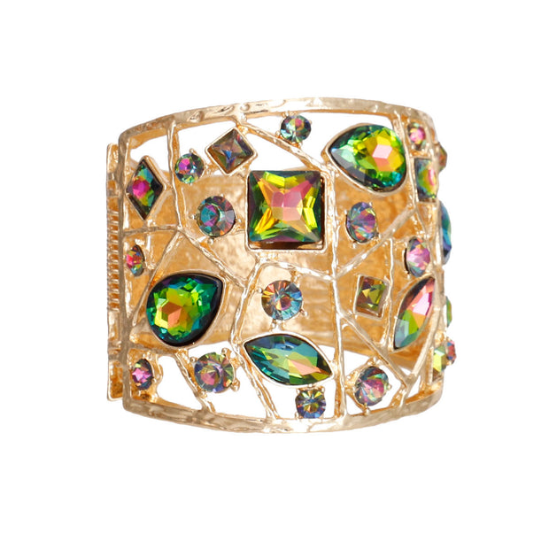 Gold Pink Green Rhinestone Wide Cuff