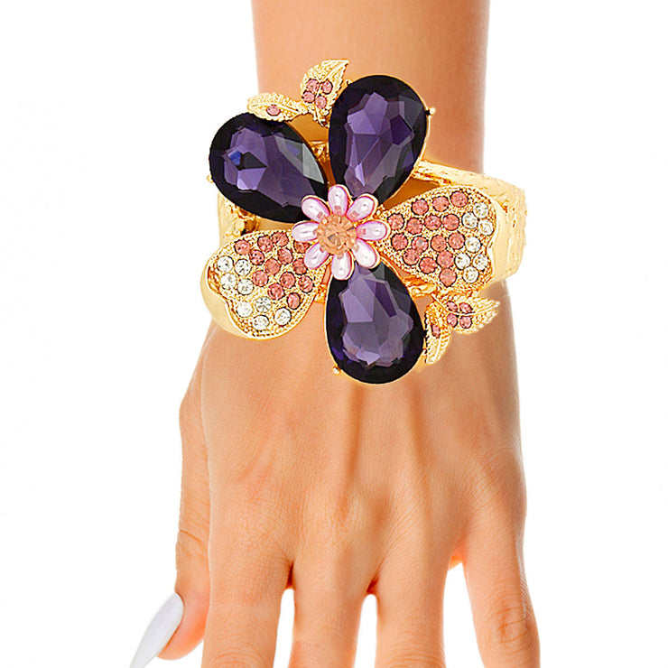 Purple Crystal Floral Leaf Cuff