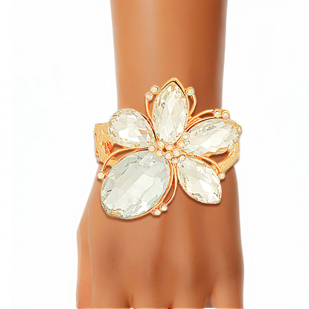 Gold Clear Crystal Flower Hinge Cuff Bangle