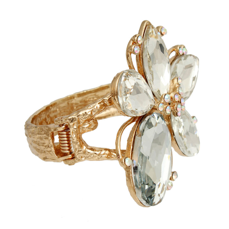 Gold Clear Crystal Flower Hinge Cuff Bangle