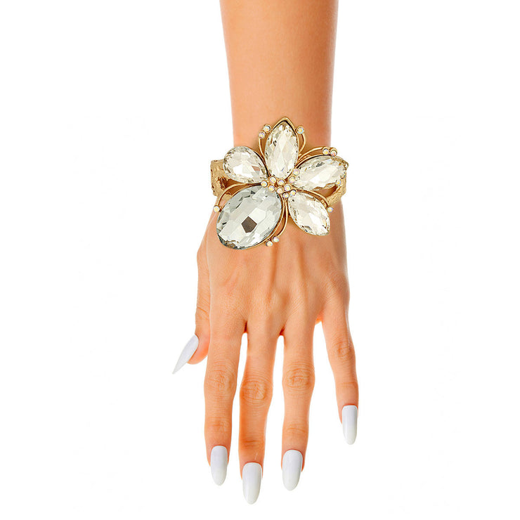 Gold Clear Crystal Flower Hinge Cuff Bangle