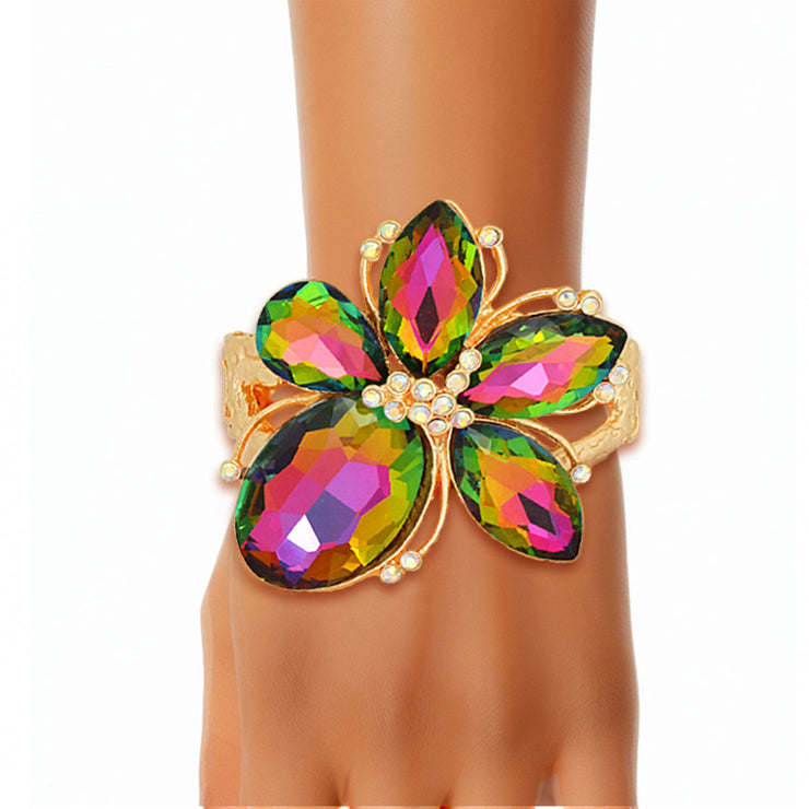 Pink Green iridescent Crystal Flower Hinge Cuff