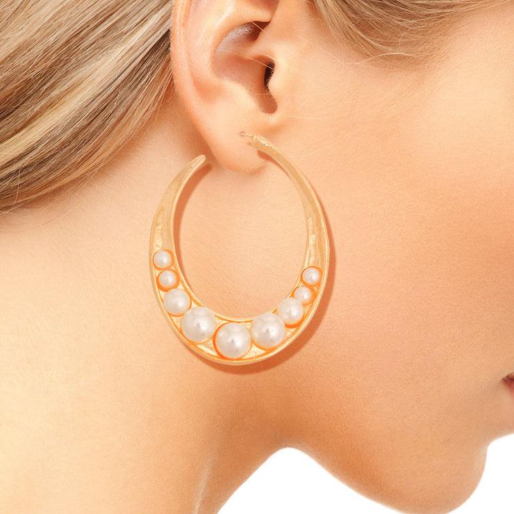 Gold and Pearl Oval Hoops