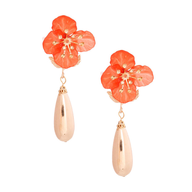 Red Flower Gold Teardrop Earrings