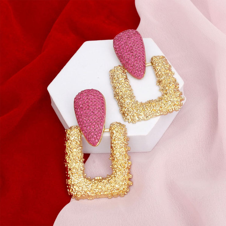 Drop Edgy Fuchsia Stone Hinge Gold Square Earrings