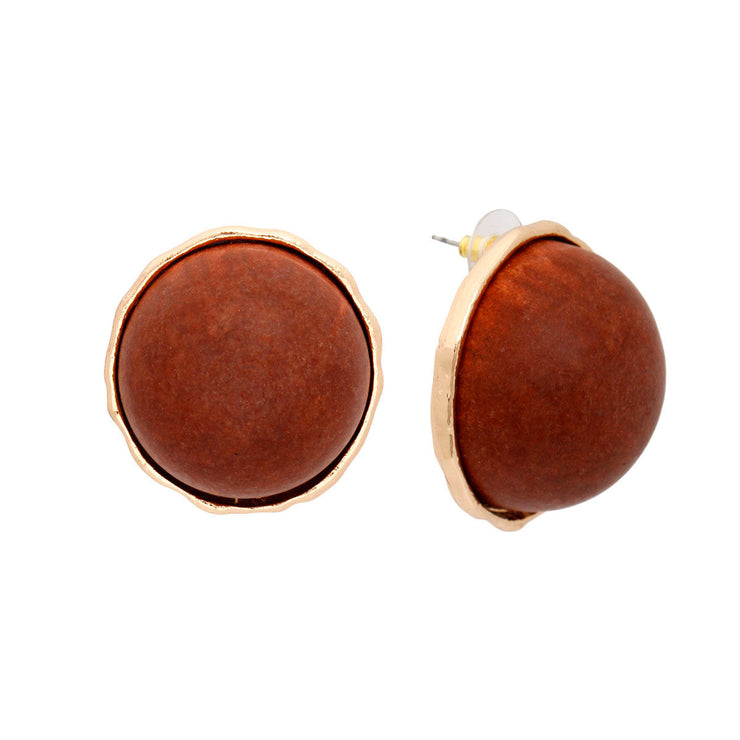 Studs Domed Brown Wood Large Earrings for Women