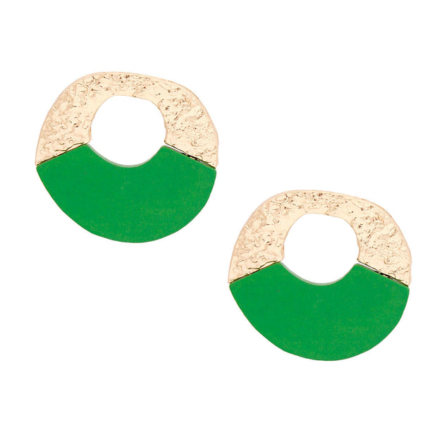 Studs Medium Gold Green Wood Circle Earrings Women