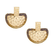 Drop Brown Stone Bubbled Gold Semicircle Earrings