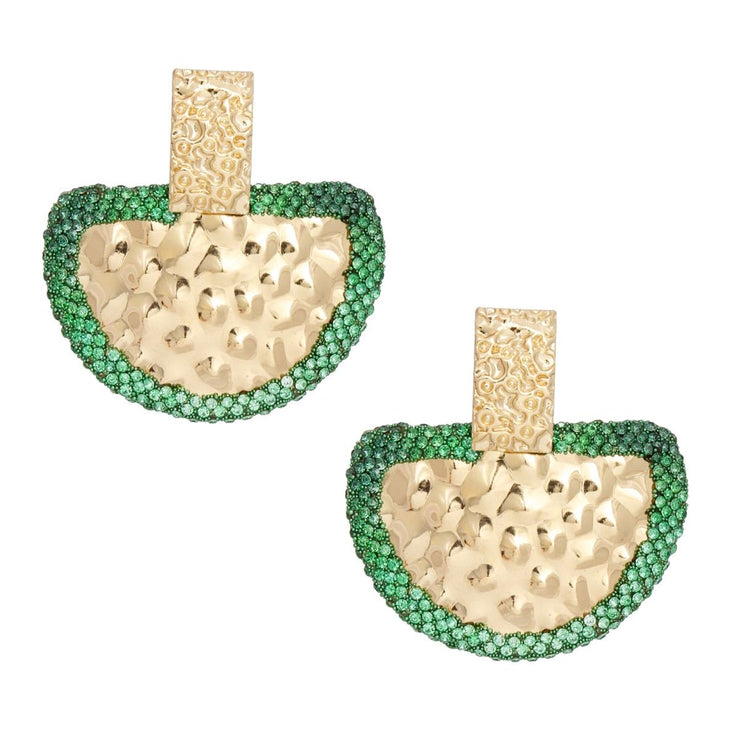 Drop Green Stone Bubbled Gold Semicircle Earrings