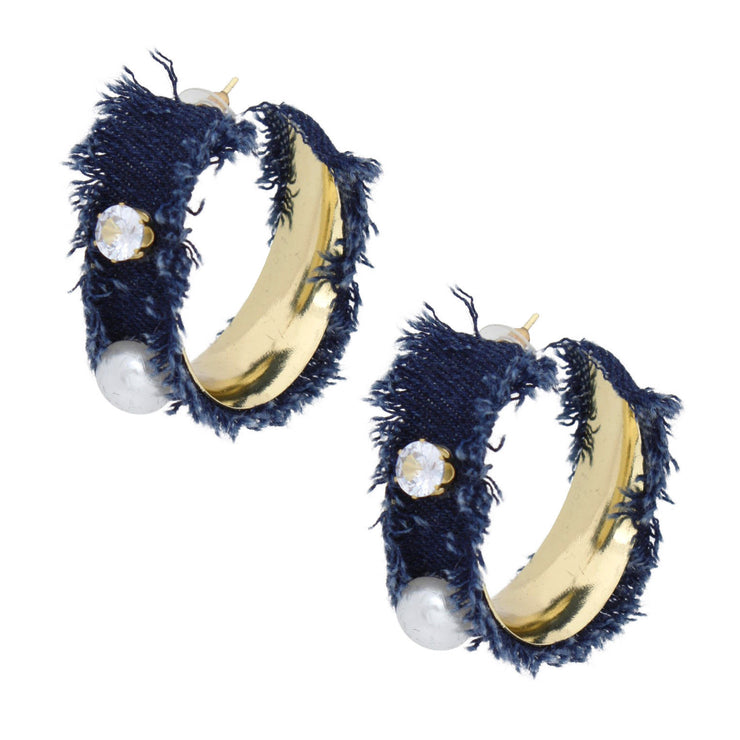 Hoop Gold Frayed Denim Pearl Rhinestone Earrings