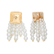 Clip On Gold Square and Pearl Tassel Earrings