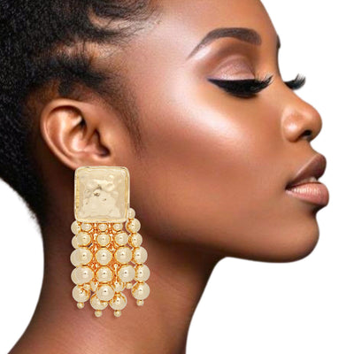 Clip On Gold Square and Ball Bead Tassel Earrings