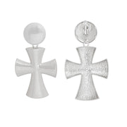 Clip Ons XL Matte Silver Cross Earrings for Women