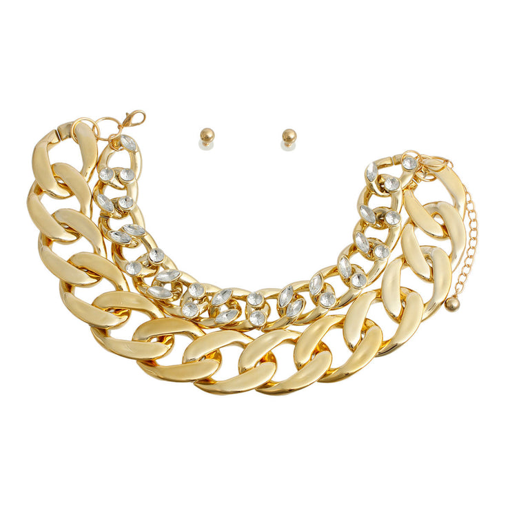 Rhinestone Stud Gold Double Chain