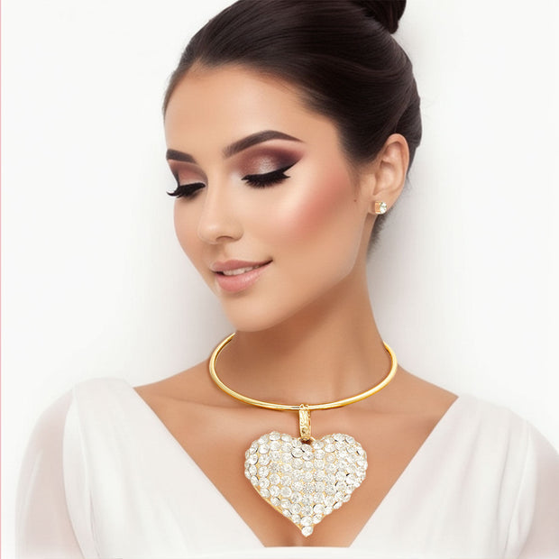 Gold Rigid Collar XL Rhinestone Heart Set