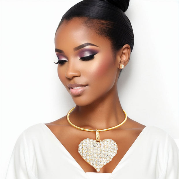 Gold Rigid Collar XL Rhinestone Heart Set