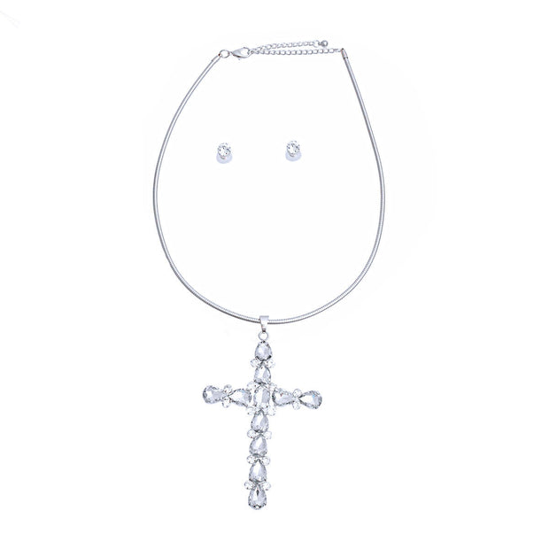 Silver Teardrop Crystal Cross Necklace