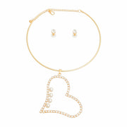 Gold Pearl Rhinestone Heart Choker Set