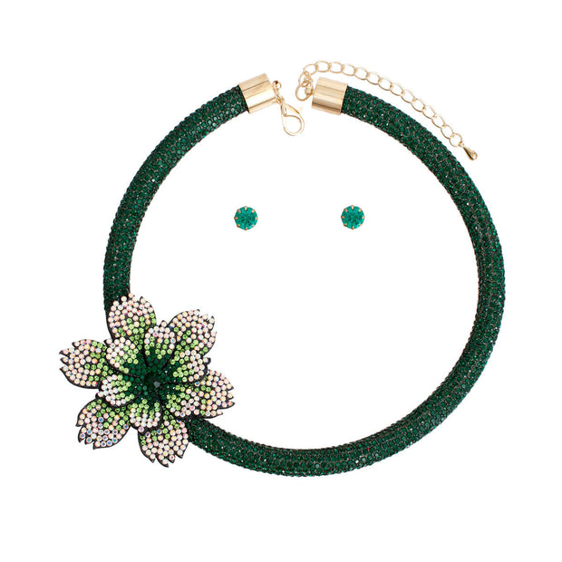 Choker Green Bling Offset Flower Set for Women