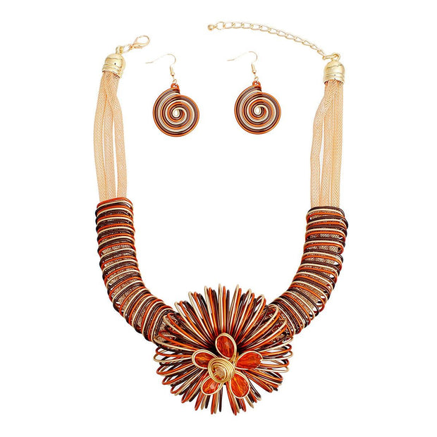 Statement Necklace Orange Wire Flower Set Women