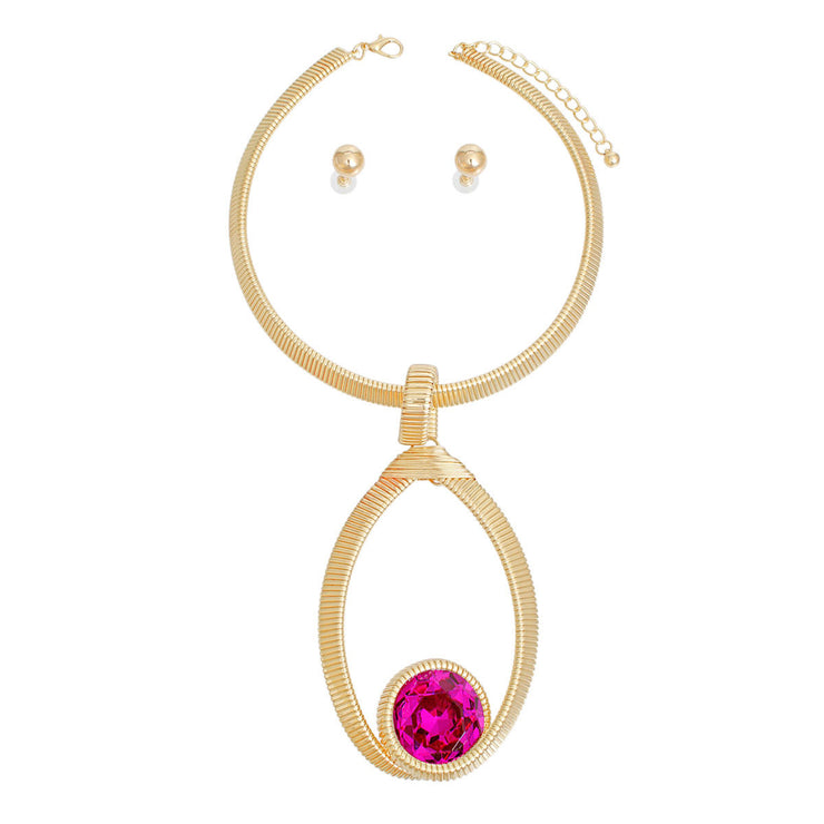 Choker Fuchsia Ribbed Oval Pendant Set for Women