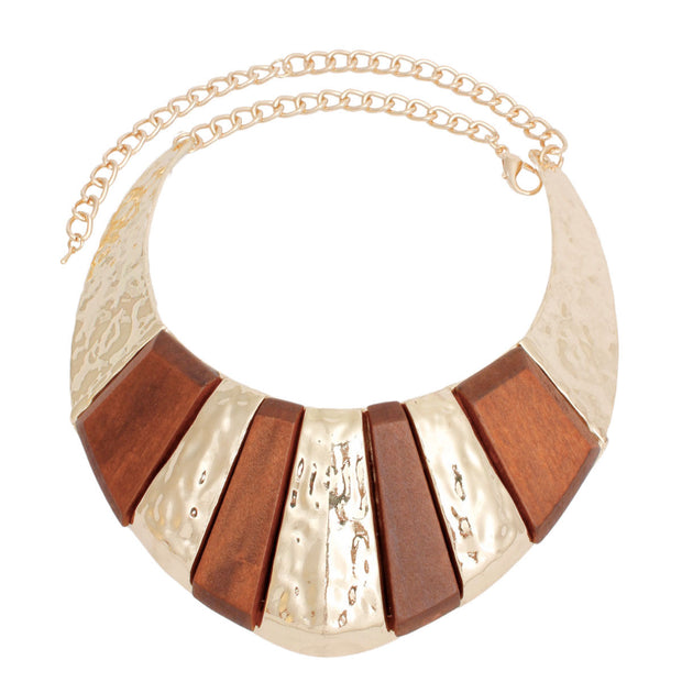 Collar Bold Brown Wood Inlay Gold Armor Necklace