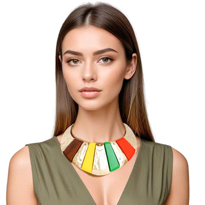 Collar Bold Multicolor Wood Gold Armor Necklace