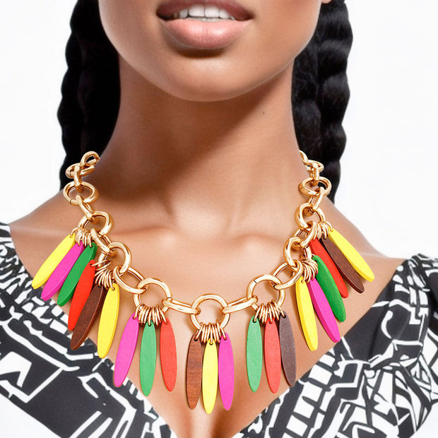 Necklace Tribal Multicolor Wood Fringe for Women