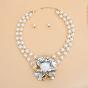 Pearl Necklace Silver Gold Flower Set for Women