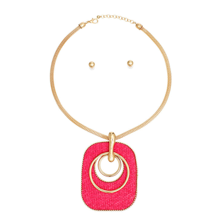 Pendant Necklace Quilted Fuchsia Raffia Set Women