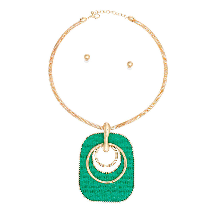 Pendant Necklace Quilted Green Raffia Set Women