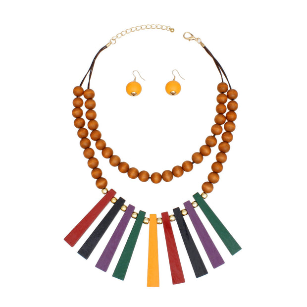 Necklace Wood Bead and Wood Bib Set for Women