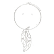 Necklace Silver Rhinestone Leaf Pendant Set Women