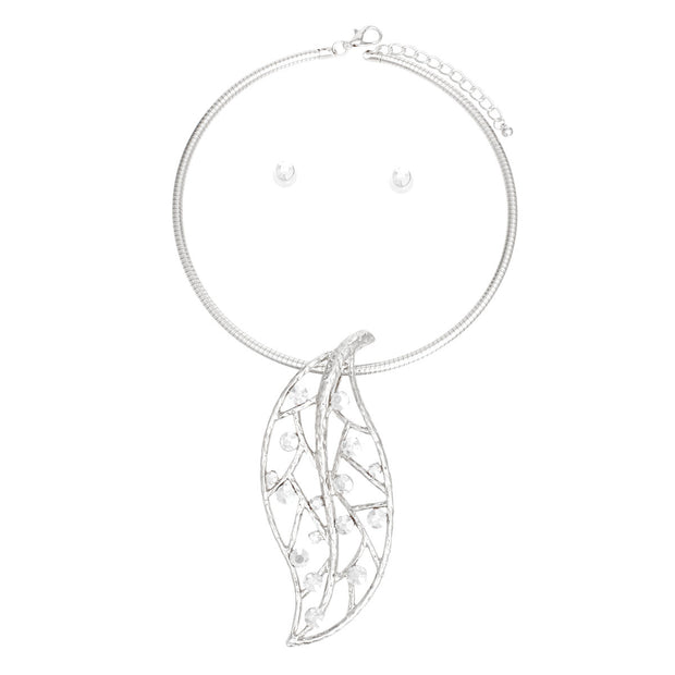 Necklace Silver Rhinestone Leaf Pendant Set Women