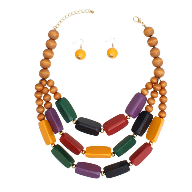 Beaded Necklace Multicolor Geo Wood Bead Set Women