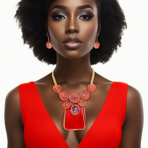 Necklace Vibrant Red Striped Pendant Set Women