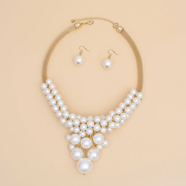 Necklace Cluster Pearl Gold Mesh Chain Set Women