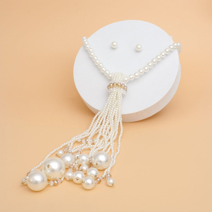 Necklace Cream Pearl Long Tassel Set for Women