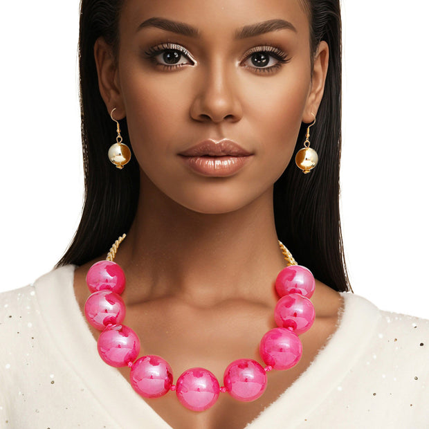 Necklace Fuchsia Marble Jumbo Ball Bead Set