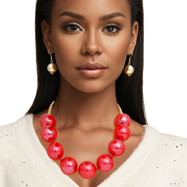 Necklace Red Marble Jumbo Ball Bead Set